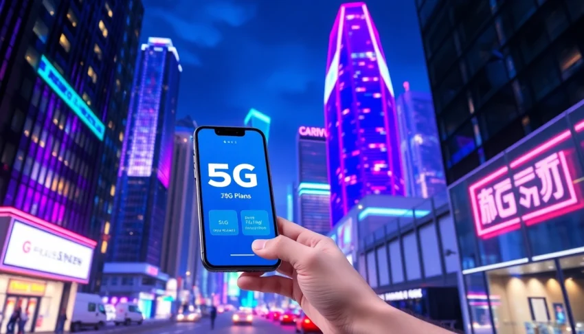 香港夜景中年輕專業人士手持手機，展示5G計劃，背景繁華都市與霓虹燈光。