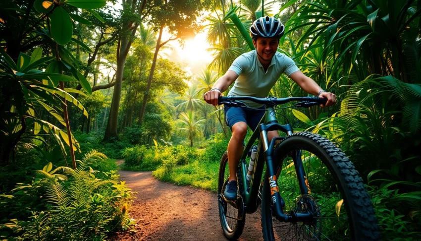 Trek mountain bike navigating lush jungle trail in Indonesia, highlighting durability and adventure.