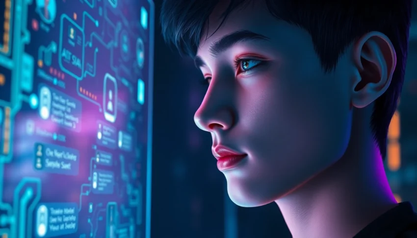Close-up of a person interacting with a futuristic AI interface with neon lights in a dark room.