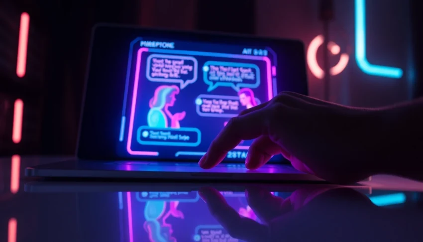Futuristic AI chat interface with neon colors and engaging AI characters