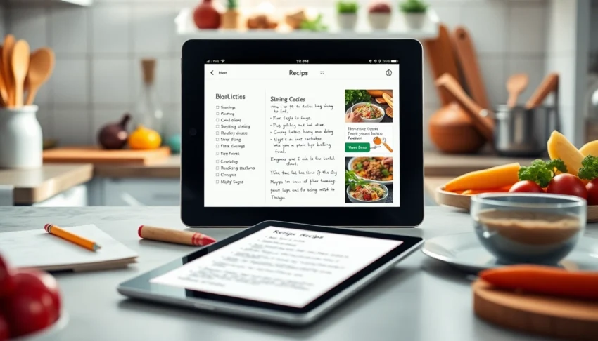 Attentive home cook organizing recipe collection digitally on a tablet in a cozy kitchen environment.