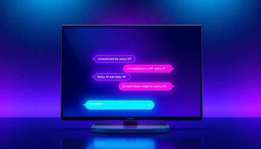 An illustration of a high-tech AI chat interface with vibrant neon colors and a sleek design, suggesting an exciting and unfiltered conversation environment.