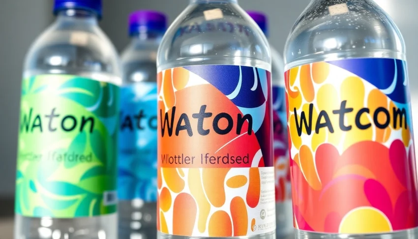 Custom water bottle labels featuring colorful designs, waterproof material, and professional printing on bottles for events and branding.