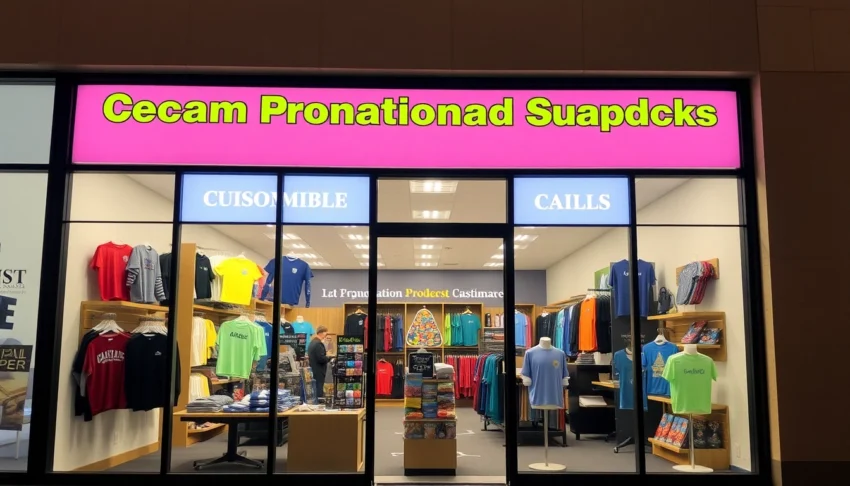 Showcase of vibrant promotional products in Louisville, including branded apparel, drinkware, and signs, highlighting local customization services for business branding.