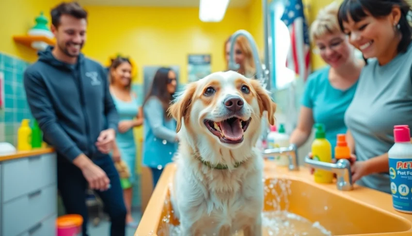 Dog wash near me: a joyful pup enjoying a bath in a vibrant self-service pet wash location.