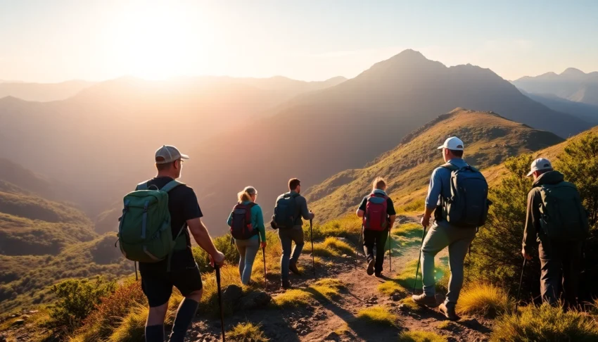 Guided hike through scenic mountain terrain with expert guide leading a group of hikers on a lush trail.