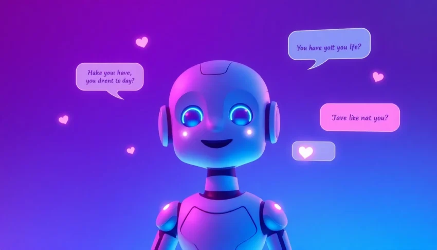 Futuristic AI chatbot interface with glowing text bubbles.