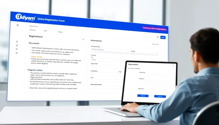 Official udyam registration portal with a user filling out the online form and uploading documents for MSME registration in India.