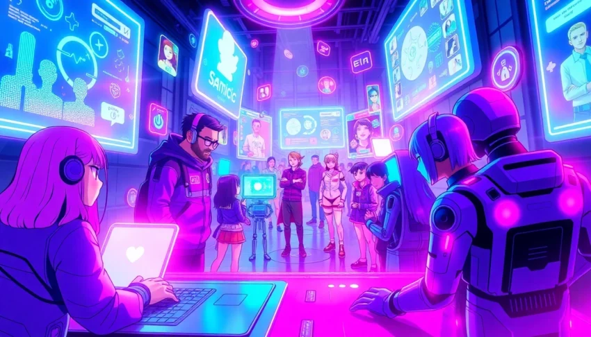 Futuristic digital scene of AI characters and avatars interacting in a neon-lit virtual social media environment.