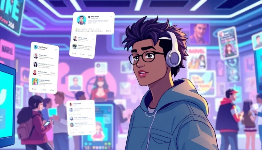 A futuristic virtual social platform with avatars, holographic posts, and characters from popular fandoms engaging in lively interactions.