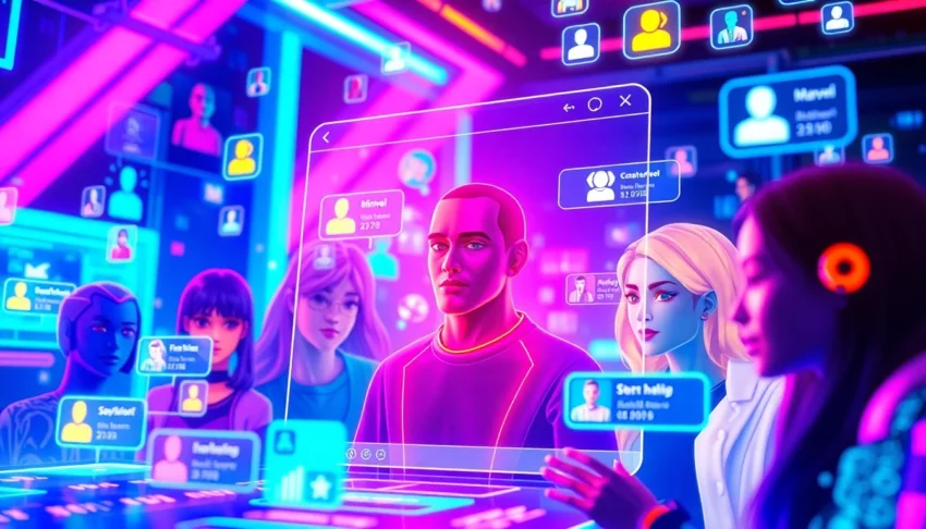 An illustration of a virtual social media scene with avatars and holographic chat interfaces in bright neon colors.