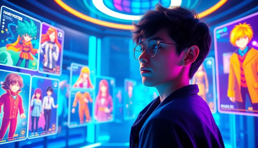 A futuristic digital scene of a user interacting with holographic AI characters and fandom icons in a vibrant, neon-lit environment.