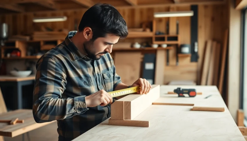 Carpenter measuring and planning woodwork in a professional workshop, showcasing craftsmanship and precision.