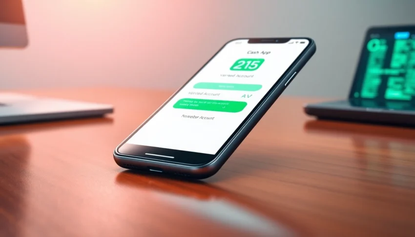 Smartphone displaying a verified Cash App account on a modern desk with vibrant colors and professional style.
