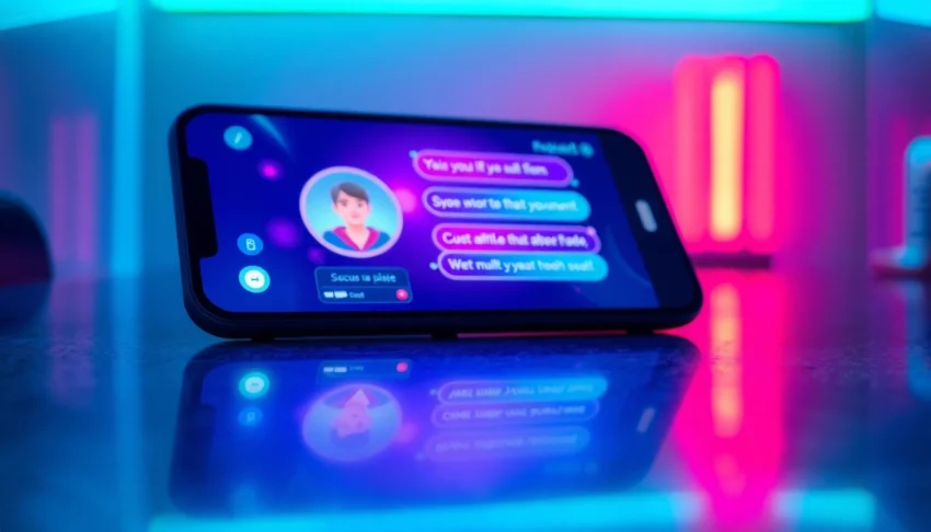 A close-up of a futuristic device screen displaying an AI chat interface with vibrant neon colors and glowing UI elements.