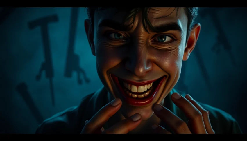 A disturbing close-up of Harvey showing fear and pain, with violent tools in the background, in a dark, unsettling atmosphere.