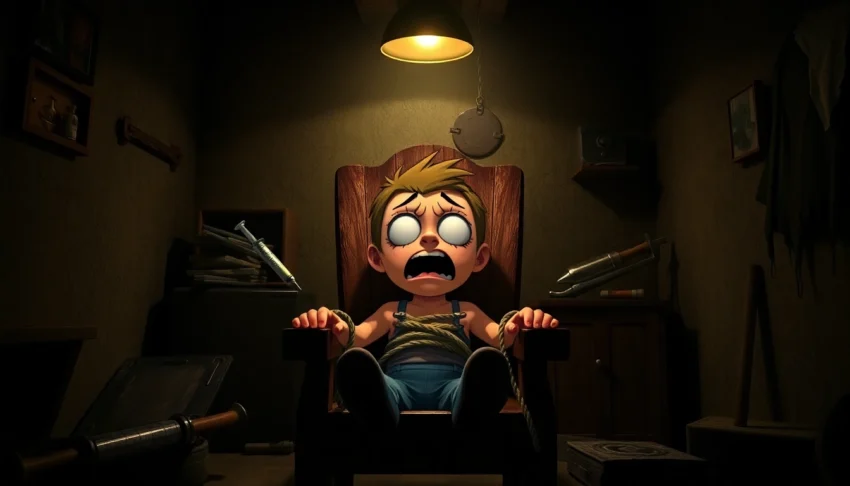 A disturbing scene of Harvey restrained in a dark room with unsettling tools around him, highlighting the game's moral horror theme.