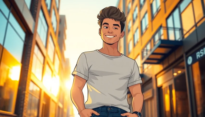 Young man standing confidently in an urban cityscape during golden hour