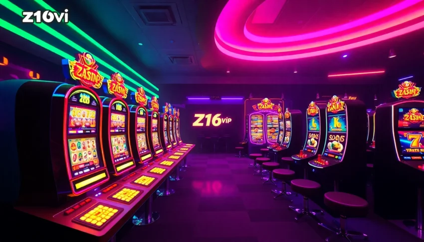 Engaging online casino scene highlighting z16vip secure platform with vibrant slot machines and