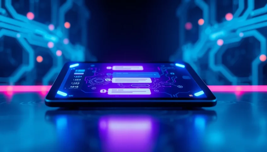 Close-up of a futuristic tablet displaying a colorful AI chat interface with neon accents and digital data effects.