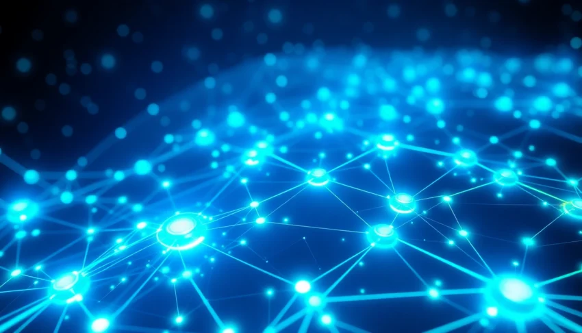 Blockchain technology visual showing secure cryptographic links connecting digital nodes with a
