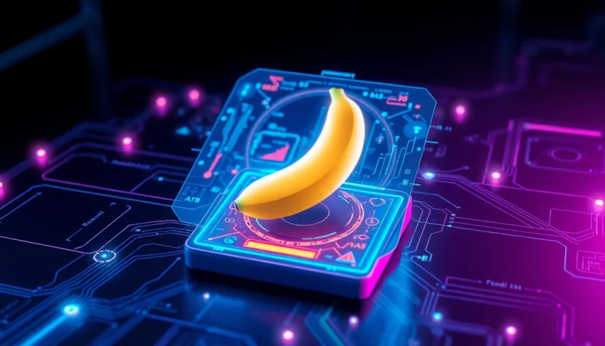 Futuristic AI interface with holographic banana and data streams in vibrant neon colors