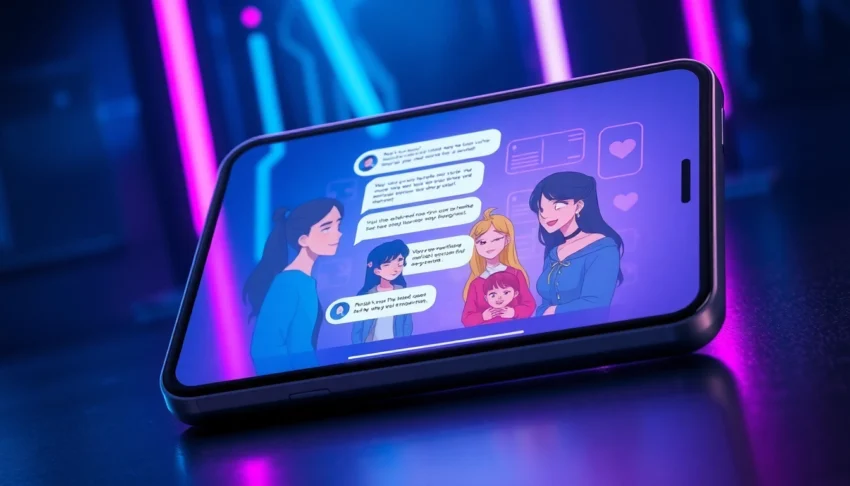 Futuristic AI chatbot interface with animated characters engaging in a lively conversation on a sleek device screen.