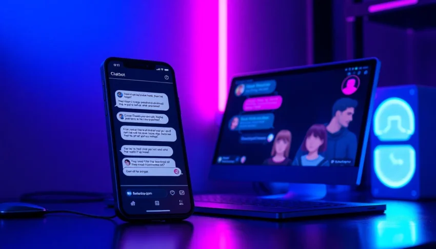 Modern smartphone and desktop screens displaying a customizable NSFW AI chat interface with neon accents.
