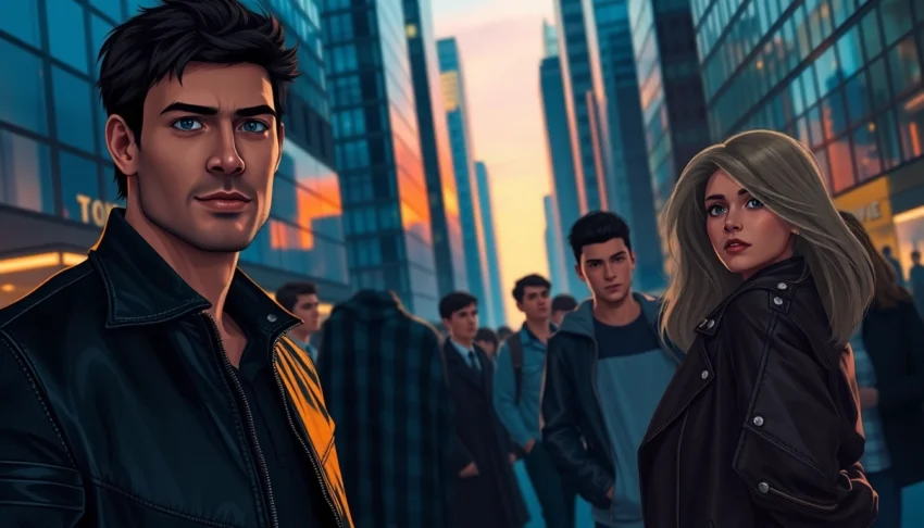 An urban scene at twilight showing diverse humans representing alpha and omega characters in a modern city setting.