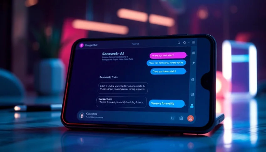 Futuristic chat interface showcasing customizable AI characters on a sleek screen with vibrant colors and ambient lighting.