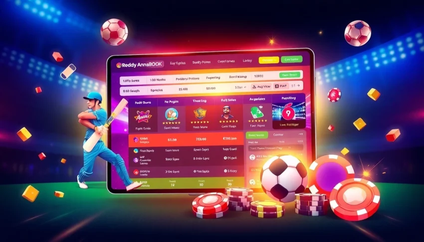 Reddy Anna Book online sports betting platform dashboard with live cricket and casino games, vibrant colors and user interface, engaging and accessible for users.