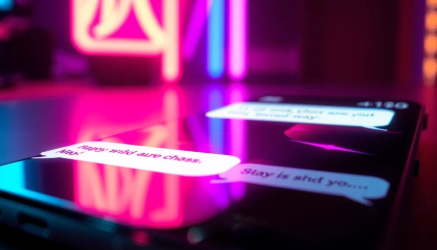 Close-up of a smartphone screen displaying a spicy chat conversation with neon-colored text bubbles in a futuristic setting.