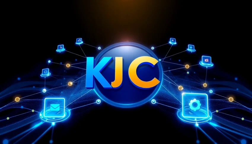 KJC logo amidst interconnected digital platforms, highlighting global entertainment network and technology integration, emphasizing trust and innovation.