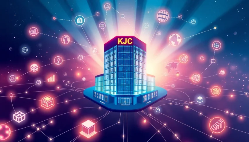 KJC branding logo displayed with a global digital network, representing connected entertainment