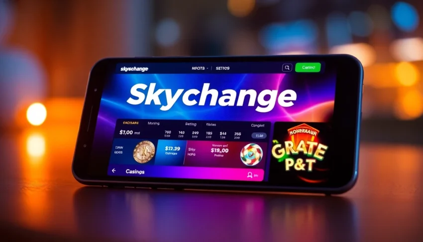 Skyexchange online betting platform logo with live sports and casino games on a smartphone screen, highlighting user engagement and security.