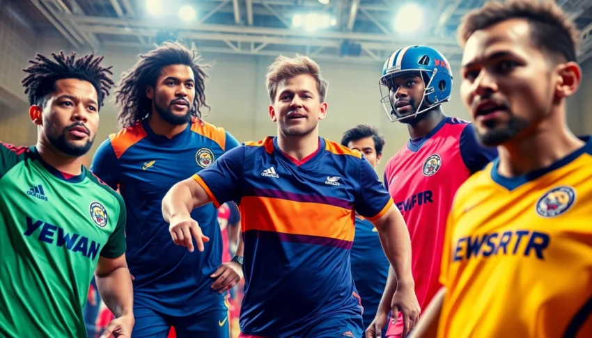 High-quality teamwear apparel in bright colors with athletes showcasing custom uniforms in action, emphasizing durability and team spirit.