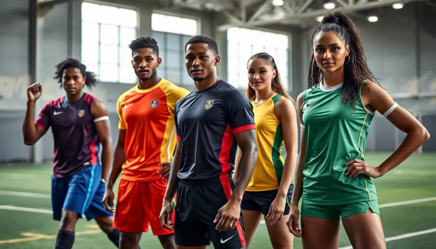 Close-up of high-quality team uniforms showcasing vibrant colors and detailed stitching on athletes exercising on a bright field, emphasizing durability and style.