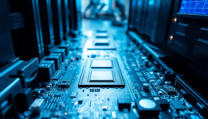 Detailed view of a componente server motherboard showing CPU, RAM, and storage chips for