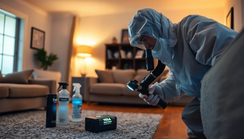 Professionele ongediertebestrijder die vlooien inspecteert in een woonkamer
