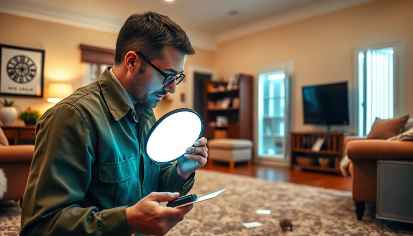 Pest control technician inspecting a living room for fleas with traps and UV light.