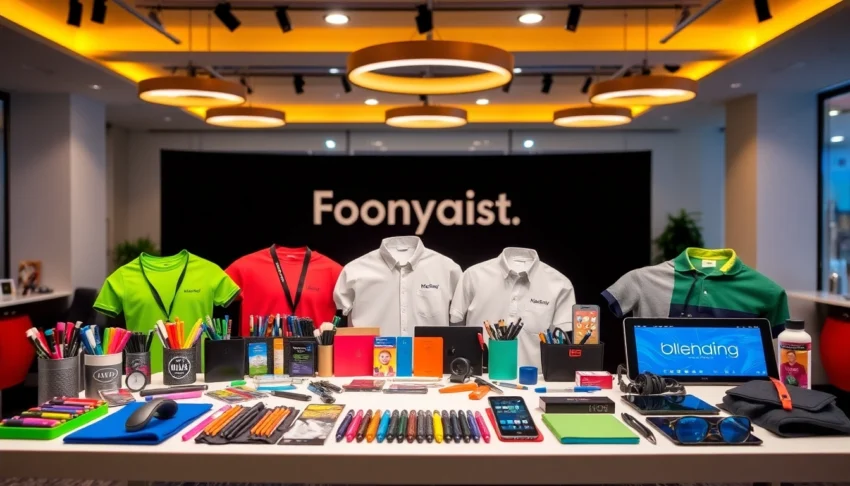 Showcase of promotional products in Louisville including pens, apparel, and tech items for