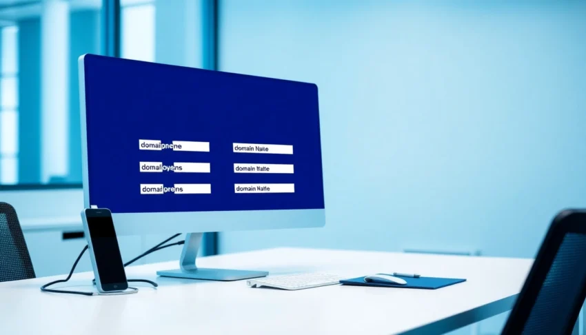 Clean professional workspace showcasing a perfect domain name design on a computer screen for
