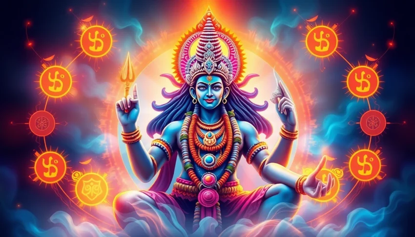 Mahadev book logo displayed prominently alongside a statue of Lord Shiva, symbolizing strength