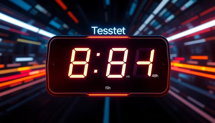 Test CS 48h service sign-up with digital timer interface and modern tech backdrop