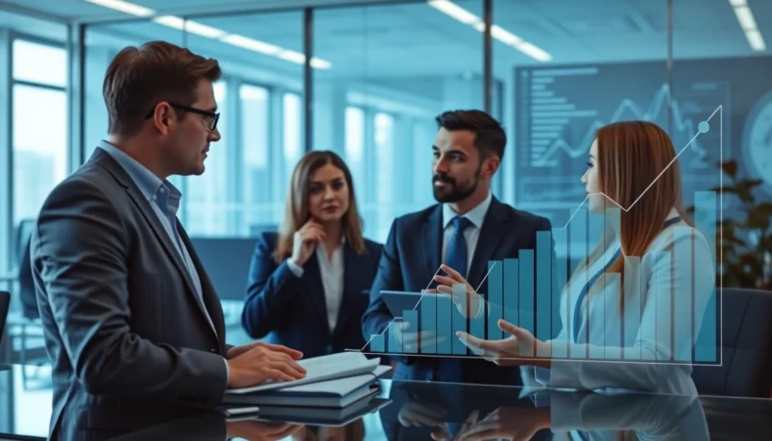 Financial analysts review alternative investments updates in a modern office setting, analyzing