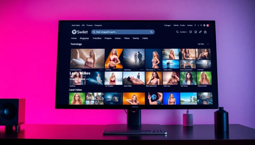 Modern adult website homepage displayed on a desktop monitor with vibrant thumbnails and sleek design.
