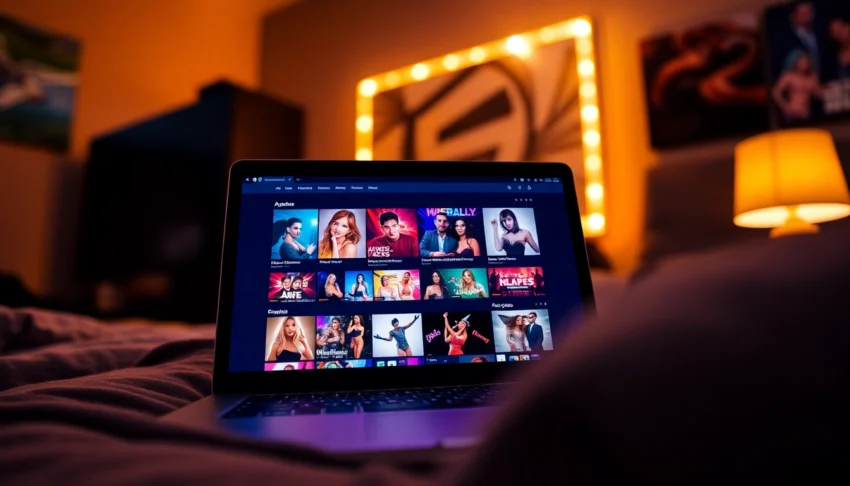 A laptop displaying adult video thumbnails on a dimly lit desk in a cozy room.