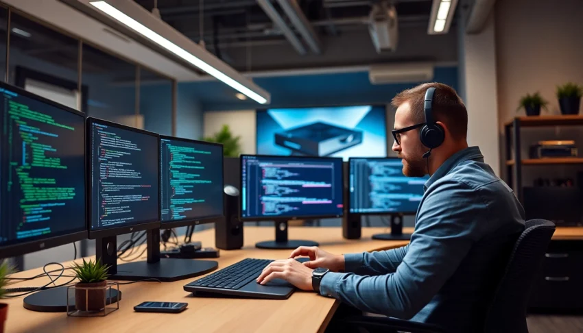 Java programming expert coding on multiple screens with focus on software development