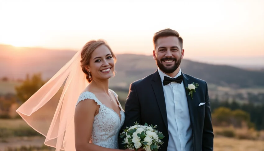 Professional eskuvoi fotos captures joyful couple during outdoor wedding session with scenic